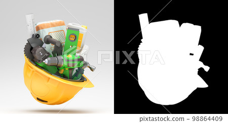 different tools set inside the helmet concept of repair tools warehouse promotion 3d render with alpha 98864409