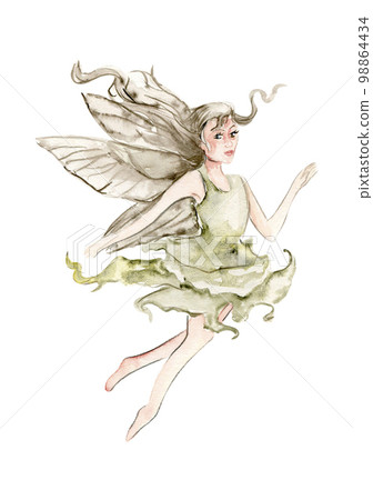 Watercolor cartoon fairy with magic wings. Watercolor hand draw fairy tale illustration. Illustartion with white isolated background. Perfect for greeting card, poster, wedding invitation, party decor Watercolor cartoon fairy with magic wings. Watercolor hand draw fairy tale illustration. Illustartion with white isolated background. Perfect for greeting card, poster, wedding invitation, party decor 98864434