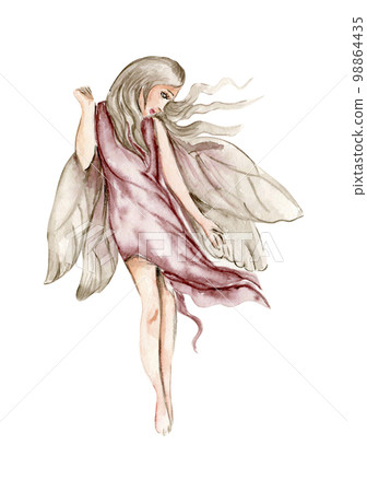 Watercolor cartoon fairy with magic wings. Watercolor hand draw fairy tale illustration. Illustartion with white isolated background. Perfect for greeting card, poster, wedding invitation, party decor 98864435
