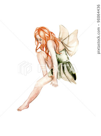 Watercolor cartoon fairy with magic wings. Watercolor hand draw fairy tale illustration. Illustartion with white isolated background. Perfect for greeting card, poster, wedding invitation, party decor 98864436