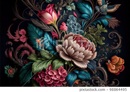 Embroidered Flowers on a Dark Background, Generative AI Illustration Embroidered Flowers on a Dark Background, Generative AI Illustration 98864495