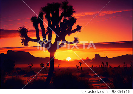 Sandy Desert Landscape, Tragic Mexican Sunset, Cactus Silhouettes on Red Background Sandy Desert Landscape, Tragic Mexican Sunset, Cactus Silhouettes on Red Background 98864546
