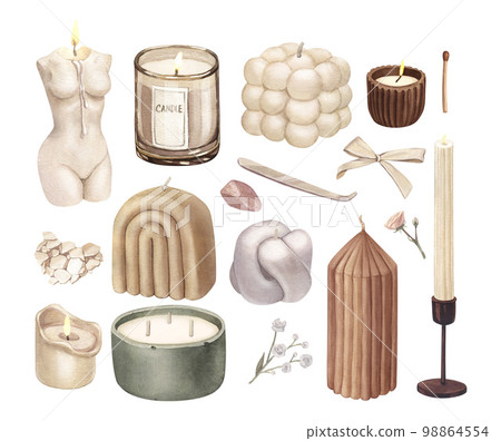Watercolor set of modern scented candles of soy and coconut wax, essential oils, craft trendy candles. Hand-drawn illustration isolated on white background for aromatherapy, hygge home, meditation Watercolor set of modern scented candles of soy and coconut wax, essential oils, craft trendy candles. Hand-drawn illustration isolated on white background for aromatherapy, hygge home, meditation 98864554