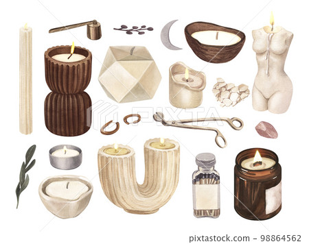 Watercolor set of modern scented candles of soy and coconut wax, essential oils, craft trendy candles. Hand-drawn illustration isolated on white background for aromatherapy, hygge home, meditation Watercolor set of modern scented candles of soy and coconut wax, essential oils, craft trendy candles. Hand-drawn illustration isolated on white background for aromatherapy, hygge home, meditation 98864562