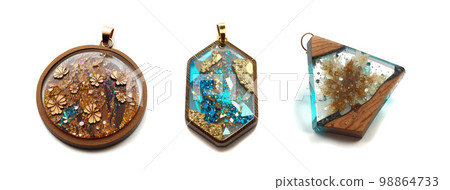 Handmade Epoxy Resin Pendant Isolated, Bijouterie Imitation on White Background Handmade Epoxy Resin Pendant Isolated, Bijouterie Imitation on White Background 98864733