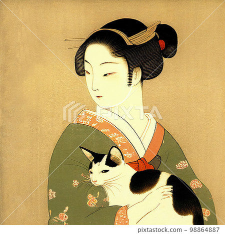 Traditional Japanese Women in Kimono with Cat, Geisha Stroking Cat, Generative AI Illustration Traditional Japanese Women in Kimono with Cat, Geisha Stroking Cat, Generative AI Illustration 98864887