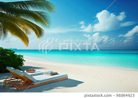 Luxury Hotel on Tropical Coast with White Sand, Beautiful Wild Beach, Palm Trees, Sun, Sea 98864923