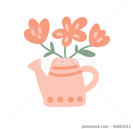 Flower bouquet in the blue watering can. Cute springtime flat hand drawn cartoon style vector illustration isolated on white background 98865021