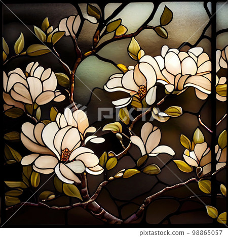 Magnolia Flower, Vintage Painting, White Magnolia Stained Glass Imitation 98865057