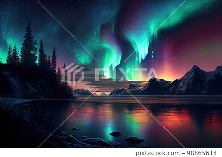 Northern Lights, Norway Winter Aurora Painting, Abstract Generative AI Illustration Northern Lights, Norway Winter Aurora Painting, Abstract Generative AI Illustration 98865613
