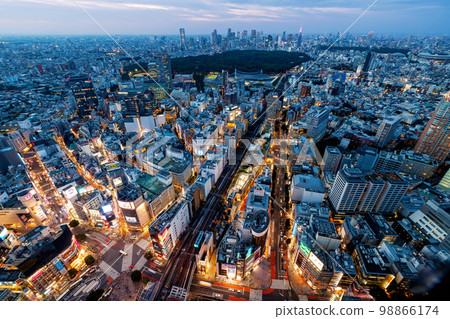 Aerial View of Shibuya, Tokyo at sunset 98866174