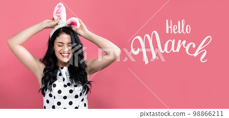Hello March message with woman with Easter theme Hello March message with woman with Easter theme 98866211