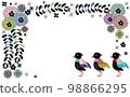 Cute hand-drawn frame with Scandinavian style flowers and three birds 98866295