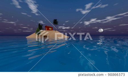 漂浮在月光下的海洋中的孤島上的小房子插畫 98866373