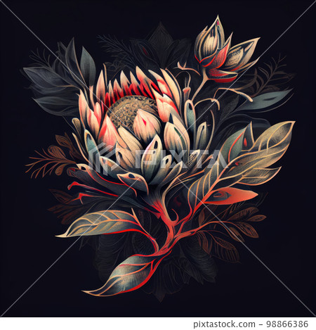 Protea Flower, African Protea Drawing Imitation, Abstract Generative AI Illustration 98866386