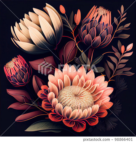 Protea Flower, African Protea Drawing Imitation, Abstract Generative AI Illustration 98866401
