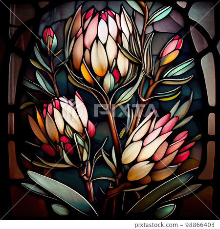 Protea Flower, African Protea Stained Glass Imitation, Abstract Generative AI Illustration 98866403