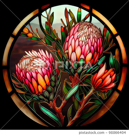 Protea Flower, African Protea Stained Glass Imitation, Abstract Generative AI Illustration 98866404