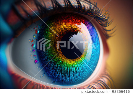 Eyes with Bright Iris, Beautiful Rainbow Woman Eye, Generative AI Illustration 98866416