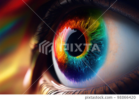 Eyes with Bright Iris, Beautiful Rainbow Woman Eye, Generative AI Illustration Eyes with Bright Iris, Beautiful Rainbow Woman Eye, Generative AI Illustration 98866420