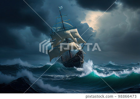 Antique Ship in Storm, Vintage Pirate Boat, Generative AI Illustration 98866473