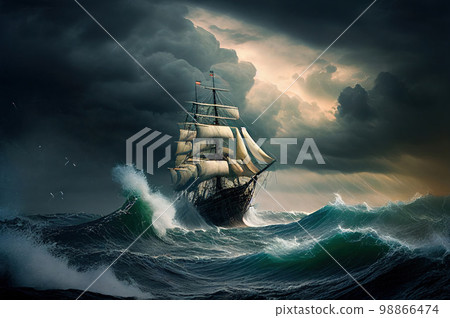 Antique Ship in Storm, Vintage Pirate Boat, Generative AI Illustration 98866474