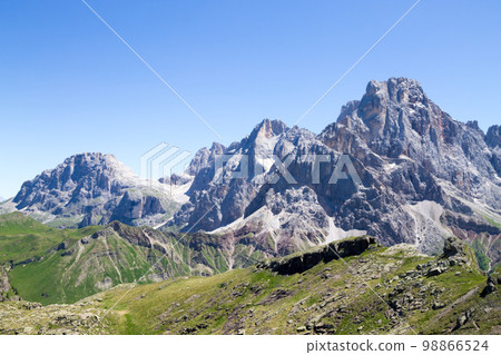 Mountain range landscape. Rolle pass area, dolomites Mountain range landscape. Rolle pass area, dolomites 98866524