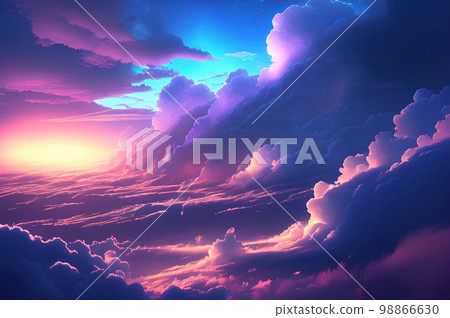 Sun Rise in Cloudy Sky Background, Dramatic Sunrise, Airplane View Above Clouds 98866630