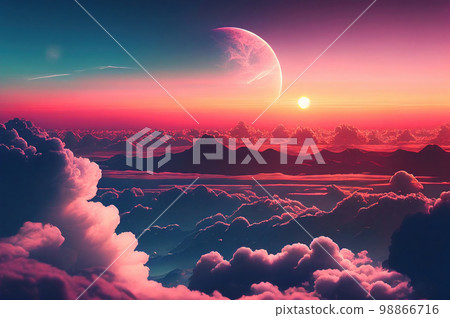Sun Rise in Cloudy Sky Background, Dramatic Sunrise, Airplane View Above Clouds Sun Rise in Cloudy Sky Background, Dramatic Sunrise, Airplane View Above Clouds 98866716
