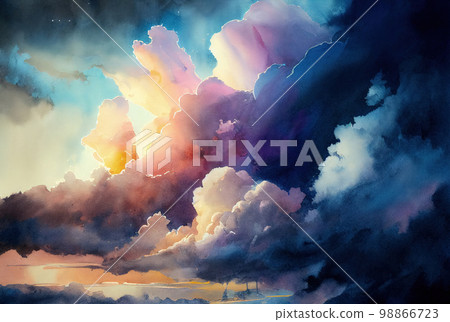Sun Rise in Cloudy Sky Background, Dramatic Sunrise, Airplane View Above Clouds 98866723