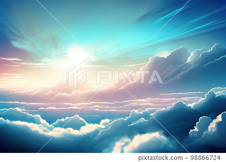 Sun Rise in Cloudy Sky Background, Dramatic Sunrise, Airplane View Above Clouds 98866724
