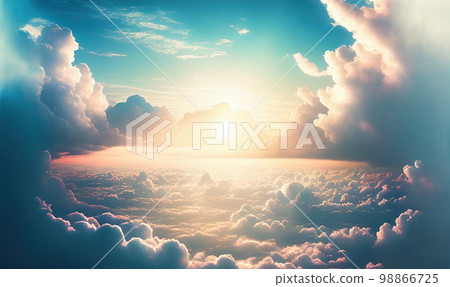 Sun Rise in Cloudy Sky Background, Dramatic Sunrise, Airplane View Above Clouds 98866725