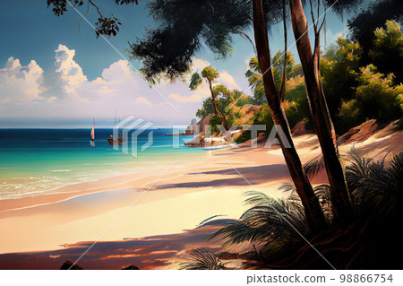 Tropical Coast with White Sand, Wild Beach, Palm Trees, Sun, Sea, Generative AI Illustration Tropical Coast with White Sand, Wild Beach, Palm Trees, Sun, Sea, Generative AI Illustration 98866754