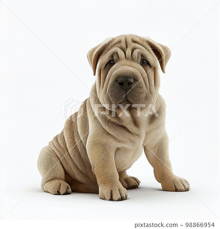 Shar pei puppy of fawn cream color isolated on white large. Lovely cute dog of unusual appearance Shar pei puppy of fawn cream color isolated on white large. Lovely cute dog of unusual appearance 98866954