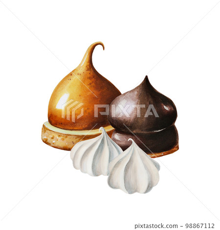 Watercolor composition with chocolate marshmallow, orange souffl, meringue. Hand painting sweet crunchy cookies on a white isolated background. For designers, menu, shop, bar, bistro, restaurant, for 98867112