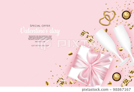 Valentine's day, February 14. Vector illustrations of love, heart, gift, champagne glasses, confetti sweets. Drawings for postcard, card, congratulations and poster. Valentine's day, February 14. Vector illustrations of love, heart, gift, champagne glasses, confetti sweets. Drawings for postcard, card, congratulations and poster. 98867167