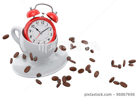 Vintage alarm clock with ceramic coffee cup on white background. Vintage alarm clock with ceramic coffee cup on white background. 98867698