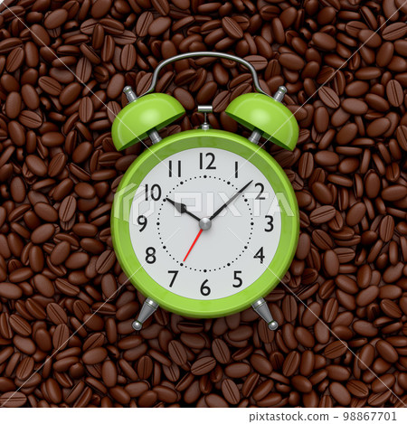 Vintage alarm clock with roasted coffee beans spread out as background. 98867701