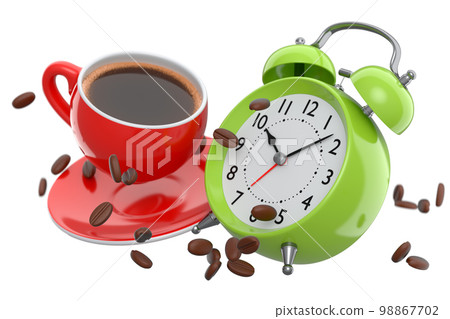 Vintage alarm clock with ceramic coffee cup on white background. Vintage alarm clock with ceramic coffee cup on white background. 98867702