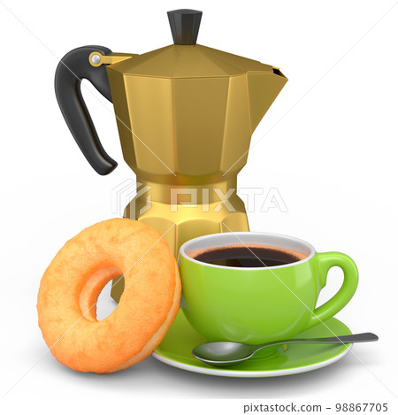 Italian geyser coffee maker and ceramic coffee cup with doughnut on white 98867705