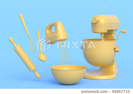 Mixer and bowl with kitchen utensil for preparation of dough on monochrome Mixer and bowl with kitchen utensil for preparation of dough on monochrome 98867710