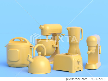 Kitchen appliances and utensils for making breakfast on monochrome background Kitchen appliances and utensils for making breakfast on monochrome background 98867713