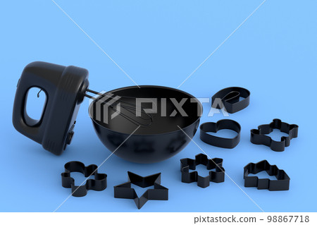 Metal bowl with electric mixer and cookie cutters on monochrome background 98867718