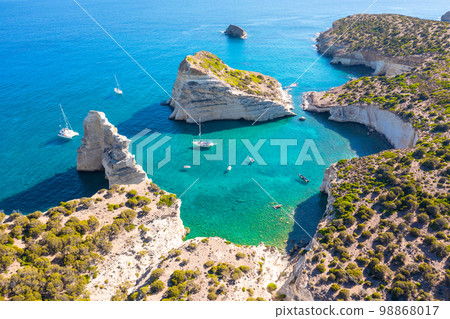 Kleftiko Bay, a scenic attraction with white volcanic rocks and caves. Milos Island, Greece 98868017