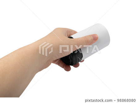 Garbage Bag Roll in Hand Isolated. Hand Holds Trash Package, New Rolled Plastic Bin Bags, Black Container 98868080
