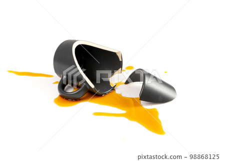 Broken Mug Isolated, Black Ceramic Cup Pieces, Broken Mug on White Background 98868125