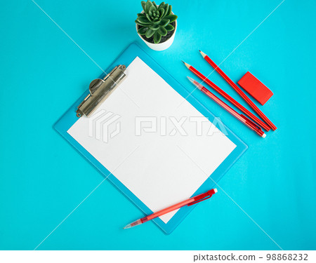 Blank Paper Tablet Top View, Empty White Sheet on Blue Table Flat Lay Mockup, Paper Tablet Texture Background 98868232