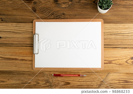 Blank Paper Tablet Top View, Empty White Sheet on Wood Table Flat Lay Mockup, Paper Tablet Texture Background 98868233