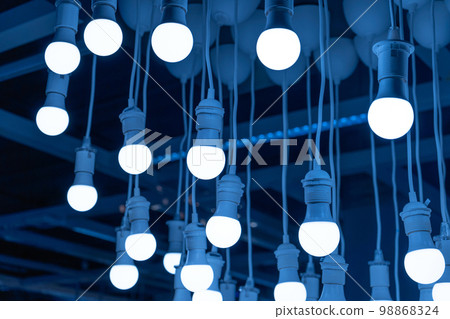 Hanging LED Light Bulbs on Blurred Background, Energy Saving Lamp Hanging LED Light Bulbs on Blurred Background, Energy Saving Lamp 98868324
