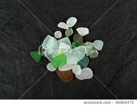 Natural Sea Glass, Beach Glass Stones, Polish Textured Seaglass, Transparent Pebbles on Black Background 98868478